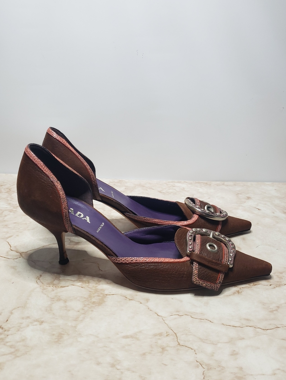 Prada Brown Pointed Kitten Heels with Pink Trim and Buckle Size 36 - Picture 3 of 8